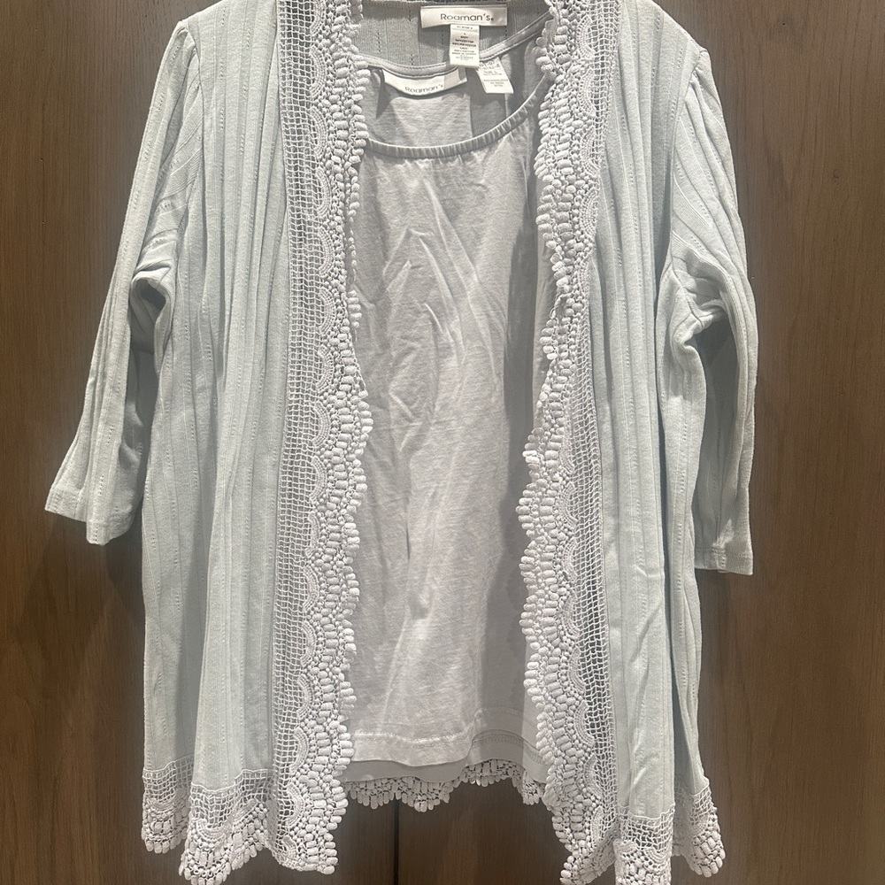🌈 Roaman’s womens crochet trim pointelle cardigan with matching tank size L 🌈